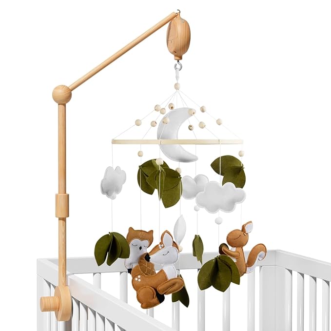 FEISIKE Woodland Animals Theme Bassinet Baby Nursery Mobiles with Modes Digital Music Box 3In1 Set-34 Inch Wooden Mobile Arm for Crib Mobile Hanger for Crib Baby Nursery Decor