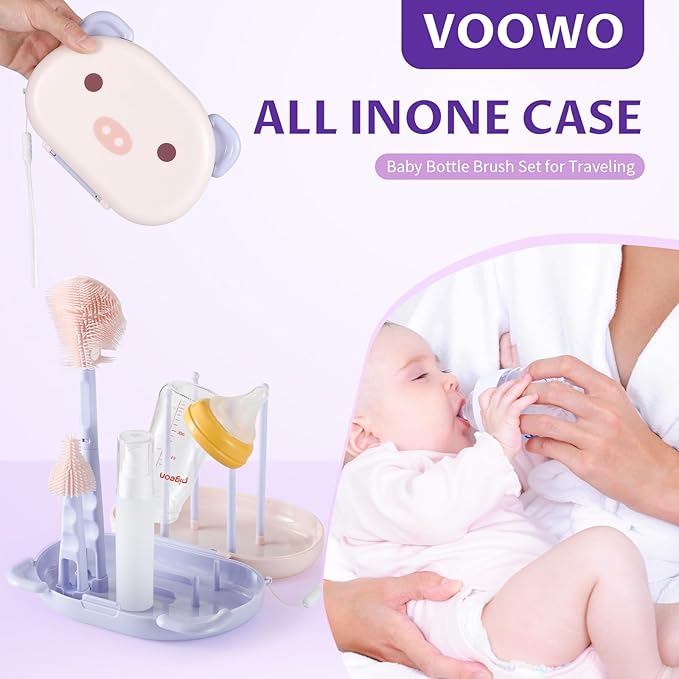 VOOWO Baby Bottle Brush & Drying Rack, Portable Travel Kit - Silicone Bottle & Nipple Brush Set, Straw Cleaner (Purple)