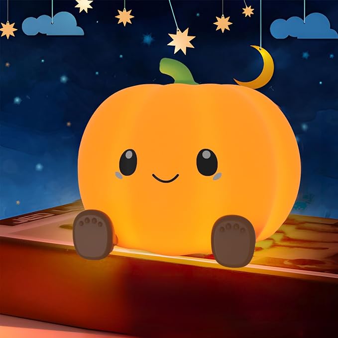 Pumpkin Night Light for Kids Adult, 3 Adjustable Brightness, USB-C Rechargeable, Baby-Safe Bedside Light, Toddler Sleep Training & Kids Room Decor