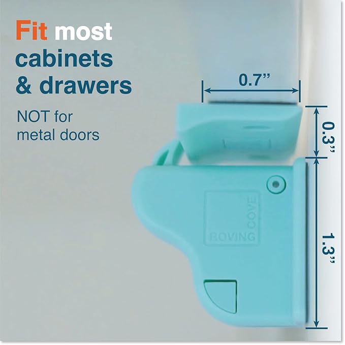 RovingCove Ergonomic Magnetic Cabinet Baby Locks 16-pk, Child Proof Drawer Cupboard Latches, Adhesive, Easy Install with Starter Tape System, 16 Locks 2 Ring Keys