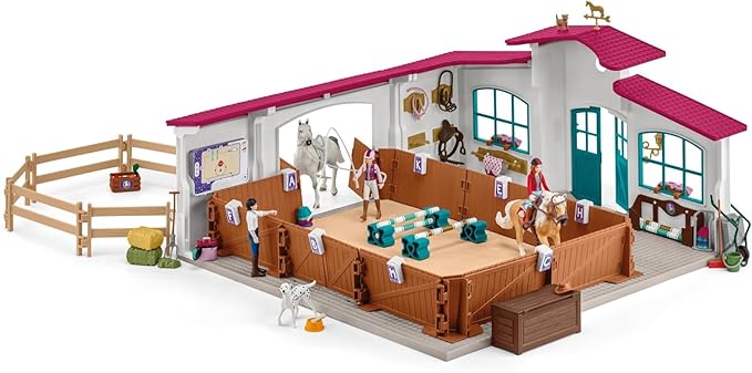 Schleich Horse Club - 179PC Peppertree Riding Arena Horse Playset with Real Dressage Cards - With Stable Set, 2 Horses, 3 Rider Figurines, Cards and Accessories - Toys for Girls & Boys Ages 5+ | 42639