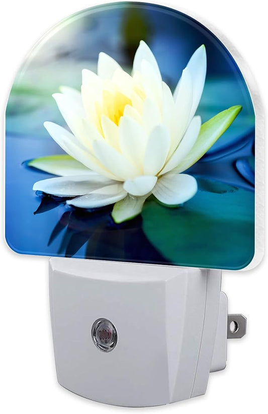 White Lotus Flower Night Light Plug into Wall, Beautiful Lotus in Pond Dusk to Dawn Night Light Plug in,0.5w Energy Saving Sleep Friendly NightLight for Kids Boys Girls Home Decor