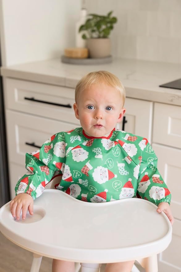 Tiny Twinkle Long Sleeve Bib for Babies & Toddlers – Waterproof Smock Bib for Eating – Machine Washable & Mess-Proof, Baby Feeding Essential & Shower Must-Have(Santa, 6–24M)