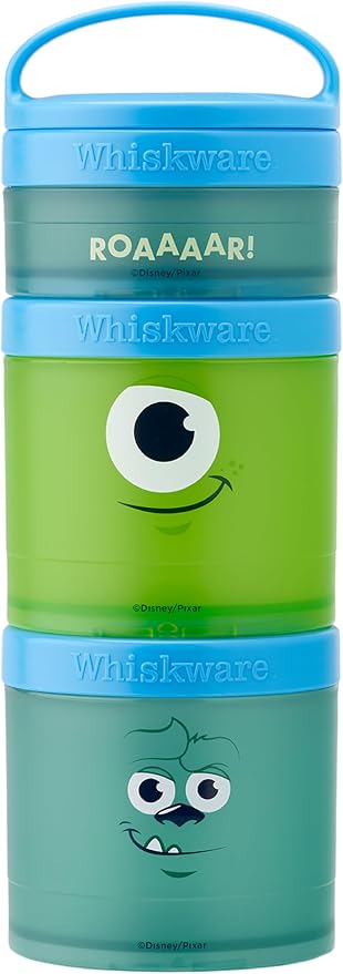 Whiskware Disney Pixar Stackable Snack Containers for Kids and Toddlers, 3 Stackable Snack Cups for School and Travel, Monsters Inc Mike Wazowski and Sulley