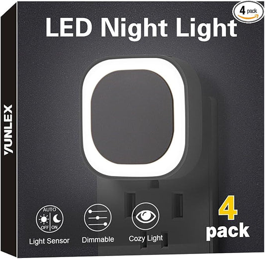 4 Pack Daylight White Night Light, Gentle Eye-Care with Dimmable Wide-Glow & Indirect Reflection, Auto Dusk to Dawn Sensor, Plug in for Kitchen Counter, Garage Workshop, Laundry, Hallway