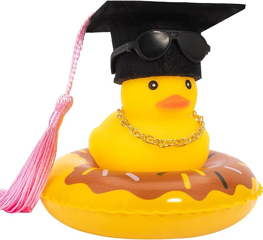wonuu Car Rubber Duck, Yellow Duck Decoration Dashboard with Sun Hat Swim Ring Necklace Sunglasses for Car Dashboard Decorations, Black Top Hat Pink-Donut