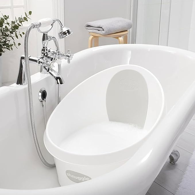 Toddler Bath Tub | Larger Bath for Bigger Kids at Bathtime | Includes Warm and Soft Foam backrest | Grippy Anti-Slip Surface | Includes Easy Drain Bath Plug | White & Grey + Rinse Jug