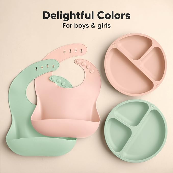 KeaBabies 2-Pack Silicone Baby Bibs for Eating - Sturdy Food-Grade Silicone Bibs for Babies Girl, Boy, Large Food Catcher, Clean & Put On Easily, Waterproof Toddler Feeding Essentials (Mellow)