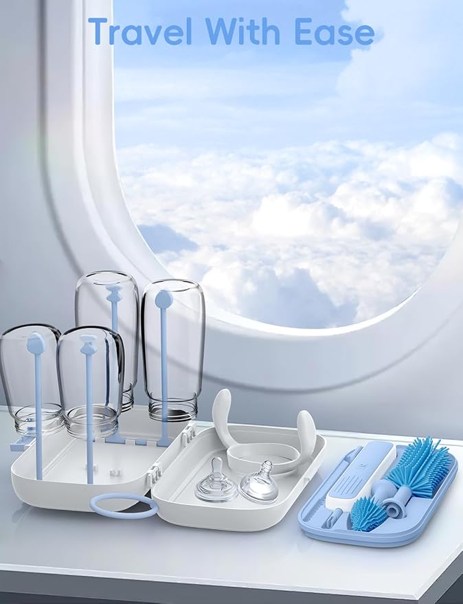 Electric Baby Bottle Brush Cleaner, Baby Travel Bottle Cleaner Kit- 2000mAh Rechargeable Silicone Brush, Drying Rack, Compact Storage Box, 360° Efficient Cleaning Bottle Brush for Home & On-The-Go