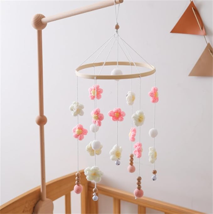 Baby Mobile for Crib - Modern Baby Mobile - Nursery Mobile for Girl or Boy - Hand-Crocheted Colourful Little Flower - Baby Crib Mobile for Boys Girls (C)