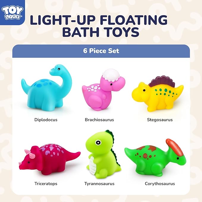 TOY Life 6 PC Dinosaur Light Up Bath Toys for Kids, No Hole Glow Bath Toys for Kids Ages 4-8, Baby Toddler Bath-Time Gifts for Easter, Birthday, Christmas, Ideal for Shower, Bathtub, Swimming Pool