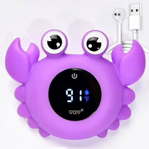 TKY Baby Bath Thermometer with Floating Toys & Room Temperature Monitor - Rechargeable Digital Thermometer with Temperature Alerts, Bath Essentials for Newborns, Infants Crab (Purple)