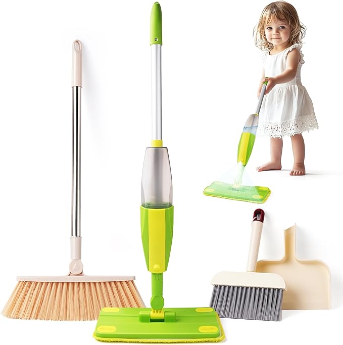 Kids Cleaning Toy Set,Mini Spray Mop Montessori Toys Pretend Play Cleaning Tool for Toddlers with Spray Mop & Kids Broom Dustpan Set Cleaning Toys Gift for Toddlers Girls Boys Age 3+