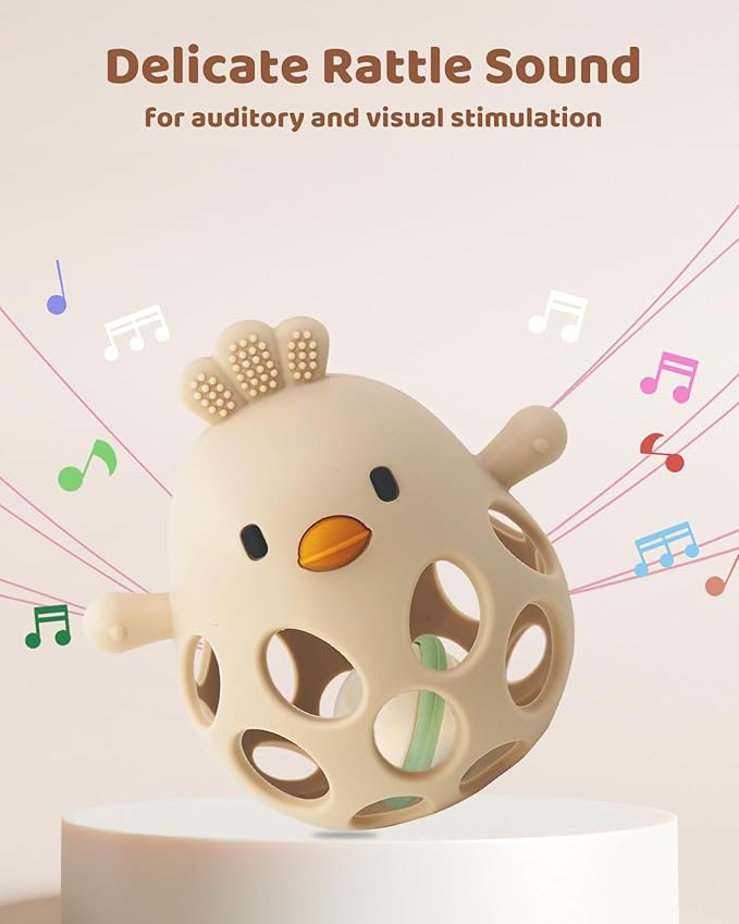 2-in-1 Baby Teething Rattle Toy, Sensory Grasping Teether for Infants 3-12 Months, 100% Food-Grade Silicone, Easy to Hold, Soothing & Developmental, BPA Free