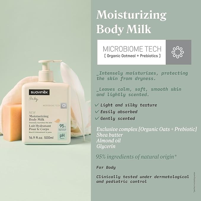 Suavinex, Moisturizing Body Milk Baby Moisturizer, Baby Lotion Suitable for Sensitive Skin and Newborns, Light Texture, Easy Absorption, 95% Ingredients of Natural Origin, 16.9 fl oz.