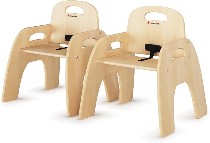 Foundations Simple Sitter Low Wood Feeding Chairs Multipack, Wide No-Tip Base, Adjustable Safety Harness, Stackable Wood Toddler Chairs with Food Service Grade Finish, 2 Pack (11 inch)