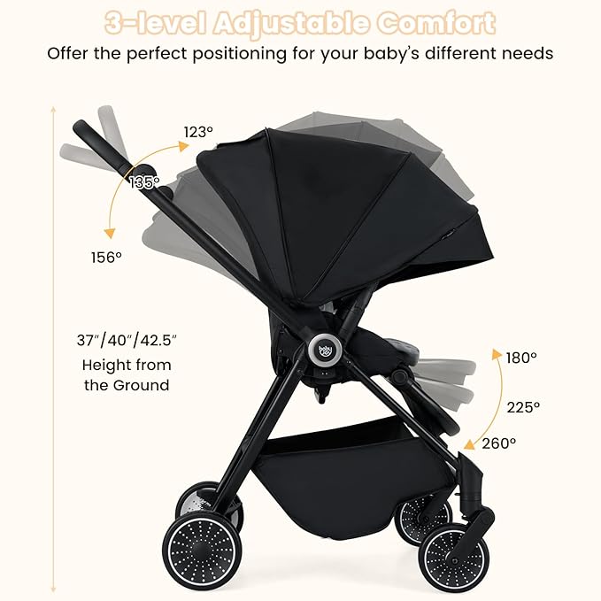 BABY JOY Baby Stroller, Foldable Toddler Stroller with Reversible Seat, Adjustable Backrest/Canopy/Handle/Footrest, Storage Basket, Suspension Wheels, Aluminum Frame (Black)