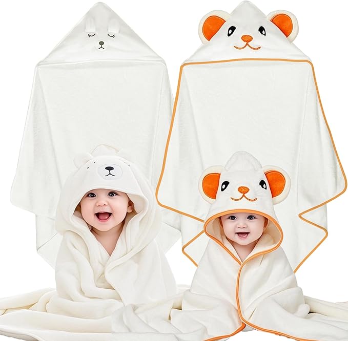 Hooded Baby Towels 2 Pack, Coral Fleece Luxuriously Thick Soft Shower Bath Towel with Hooded, Ultra Absorbent Bath Cloths Bulk for Newborn, Infant, Toddler (White & White)