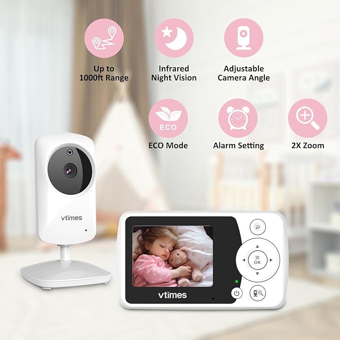 Baby Monitor with Camera and Audio, Video Baby Monitor No WiFi Night Vision 2.4" LCD Screen Portable Baby Camera Monitor Alarm Lullaby Temperature Sensor and 1000ft, Ideal for Baby/Elderly/Pet