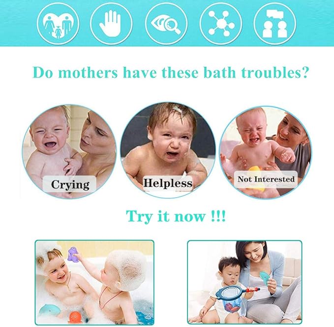 Bath Toy , Fishing Floating Animals Squirts Toys Games Playing Set with Fishing net , Fish Net Game in Bathtub Bathroom Pool for Babies Toddlers and Kids (Dark Blue)