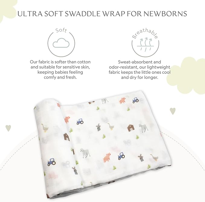 Muslin Baby Swaddle - Breathable Receiving Blankets for Newborn Baby, 70% Viscose derived from Bamboo, 30% Spandex, Imported
