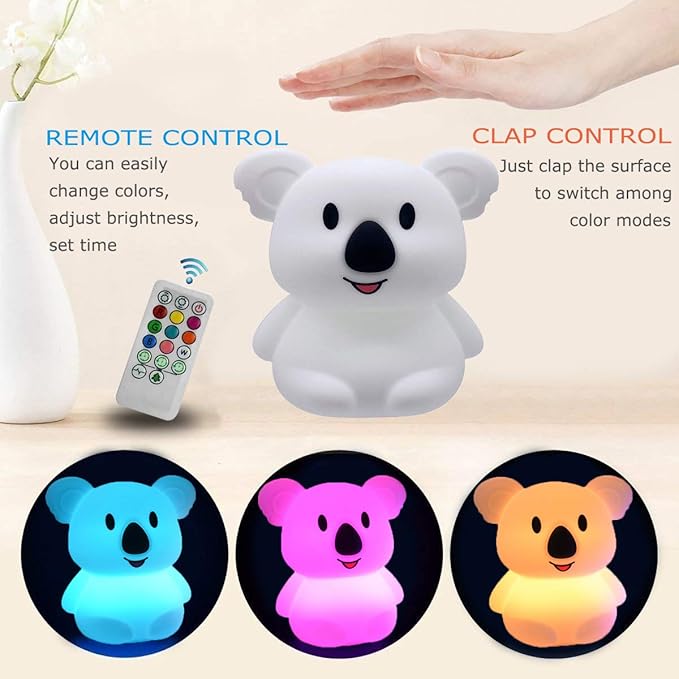 Large Koala Night Lights Kid Bedside Bedroom Light, Nursery Moon lamp, Portable Color Changing Care Lamps - Break Resistant, Eye Caring, Adjustable Brightness & Color and Time Setting - Large