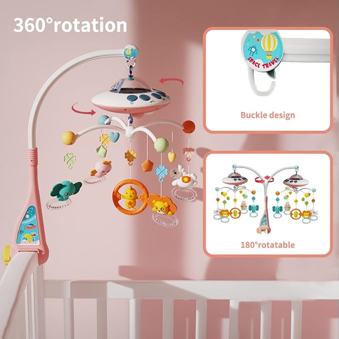 Eners Baby Crib Mobile with Music and Lights, Mobile for Crib with Remote Control, Rotation, Moon and Star Projection, Baby Crib Toys for Boys Girls (Pink)