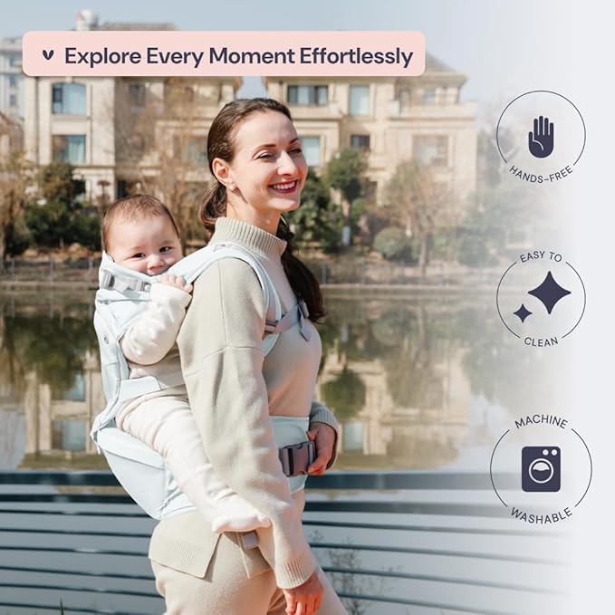 BabbleRoo Grow Carrier – Safety-Certified 6-in-1 Baby Carrier with Hip Seat, Ergonomic & Adjustable Toddler Carrier 7-50 lbs with Hip Support, Hood for Sun Protection, Newborn to Toddler, Seafoam