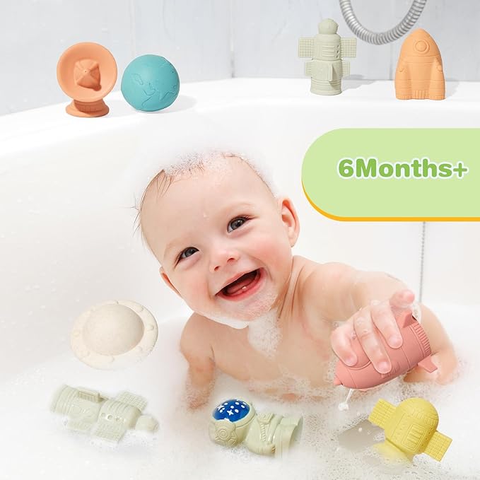Mold-Free & No Holes Bath Toys 9 Pack | Safe Astronaut & Rocket Ship Toys for Babies 6-12M & Toddlers 1-3Y | Bathtub Pool Float Toys for Boys Girls
