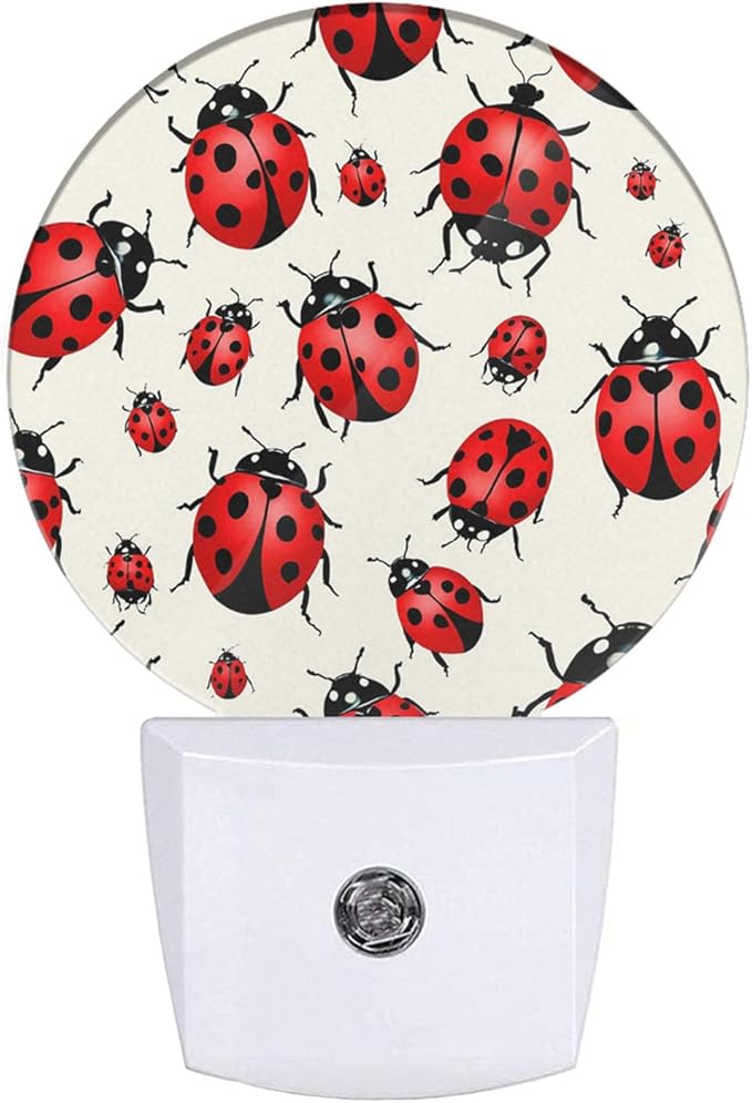 EKOBLA Ladybug Night Lights Plug into Wall Cute Ladybug Flying Animal Red Black Dots Wings Yellow Flowers Auto Sensor LED Dusk to Dawn Light for Bedroom Bathroom Kitchen Corridor