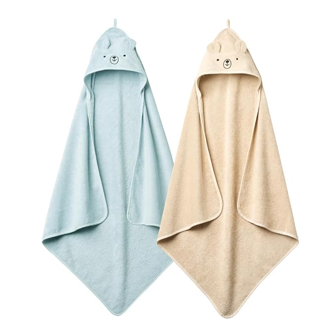 Baby Hooded Towel – Organic Cotton Baby Bath Towels, 32" x 32" Super-Soft and Absorbent Baby Towels for Newborn 2-Pack (Bear Fog/Baby Blue)