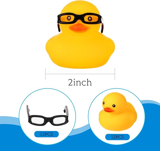 Chivao 12 Pcs Rubber Ducks with 12 Sunglasses/ Hats/ Headwear Small Mini Carnival Cruise Birthday Rubber Duckies Bathtub Toys in Bulk(Duck with Glasses,Yellow)