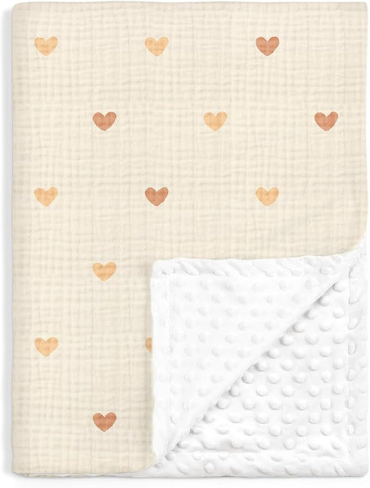 Heart Baby Blankets for Girls, Soft Nursery Minky Blankets with Muslin and Dotted Fleece Back 30x40 inches, Receiving Bed Quilt for Newborn, Infants, Toddlers