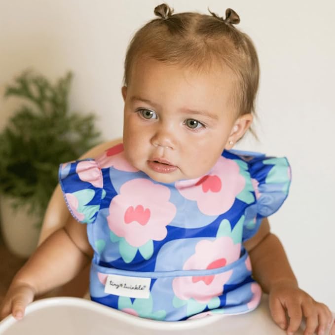 Tiny Twinkle Mess Proof Baby Bibs for Eating – Waterproof, Wipeable Toddler Bibs with Pocket – Baby Food Bibs for Girls & Boys(3 Pack,Blue Floral)