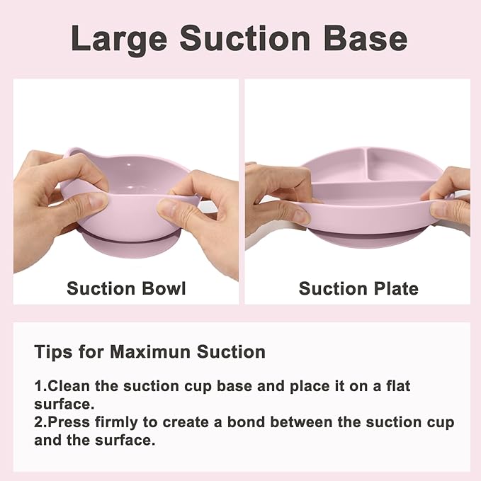 LITTLE RAWR Silicone Baby Feeding Set 14 Pcs,Baby Led Weaning Supplies, Baby Spoons Suction Bowl Divided Plate Bib Cup Finger Brush,First Stage Solid Food Eating Utensils - 6+ Months(Light Pink)