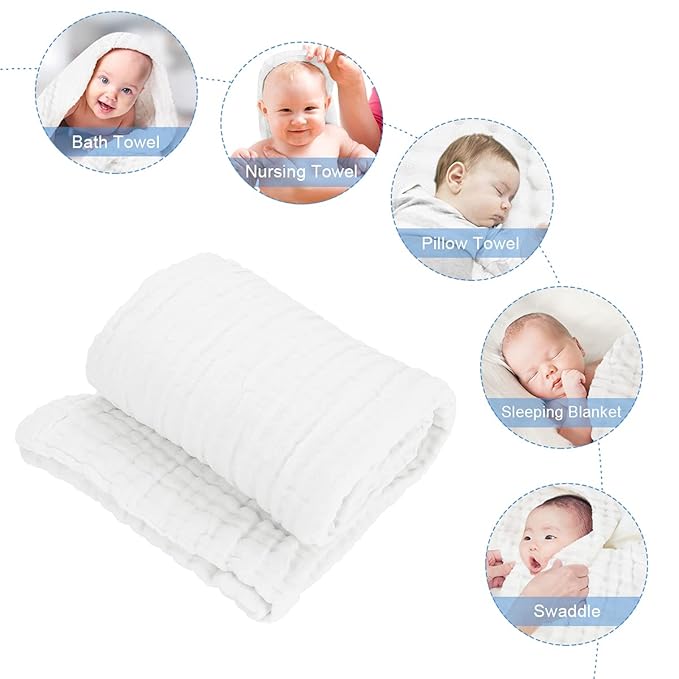 FOOK FISH Muslin Baby Towel Super Soft and Absorbent Cotton Baby Bath Towels 2 Pack 6 Layers Infant Newborn Blanket Toddler and Kids Large 40 x 40inches (White)