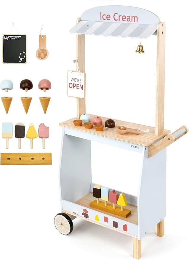 PairPear Wooden Ice Cream Cart for Kids – Toddler Pretend Play Grocery Store Ice Cream Truck Playset Kids Dessert Truck Play Food Kitchen Toys Gift for Boys and Girls 3 Years and up