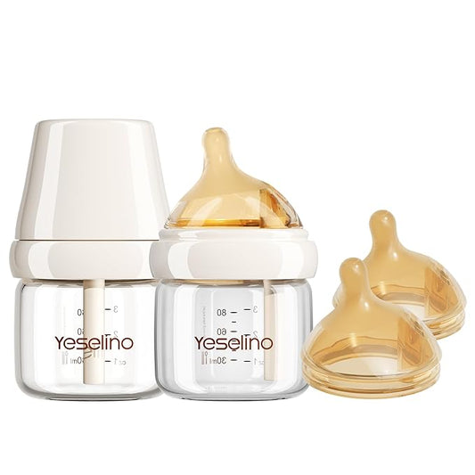 Natural Nursing Glass Baby Bottle - with Anti-Colic Vent System - BPA-Free, 2.7 oz/80ml with Slow Flow Nipple, 0-6 Months, 2 Pack (Includes 4pcs Nipples)