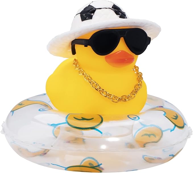 wonuu Car Rubber Duck, Yellow Duck Decoration Dashboard with Sun Hat Swim Ring Necklace Sunglasses for Car Dashboard Decorations