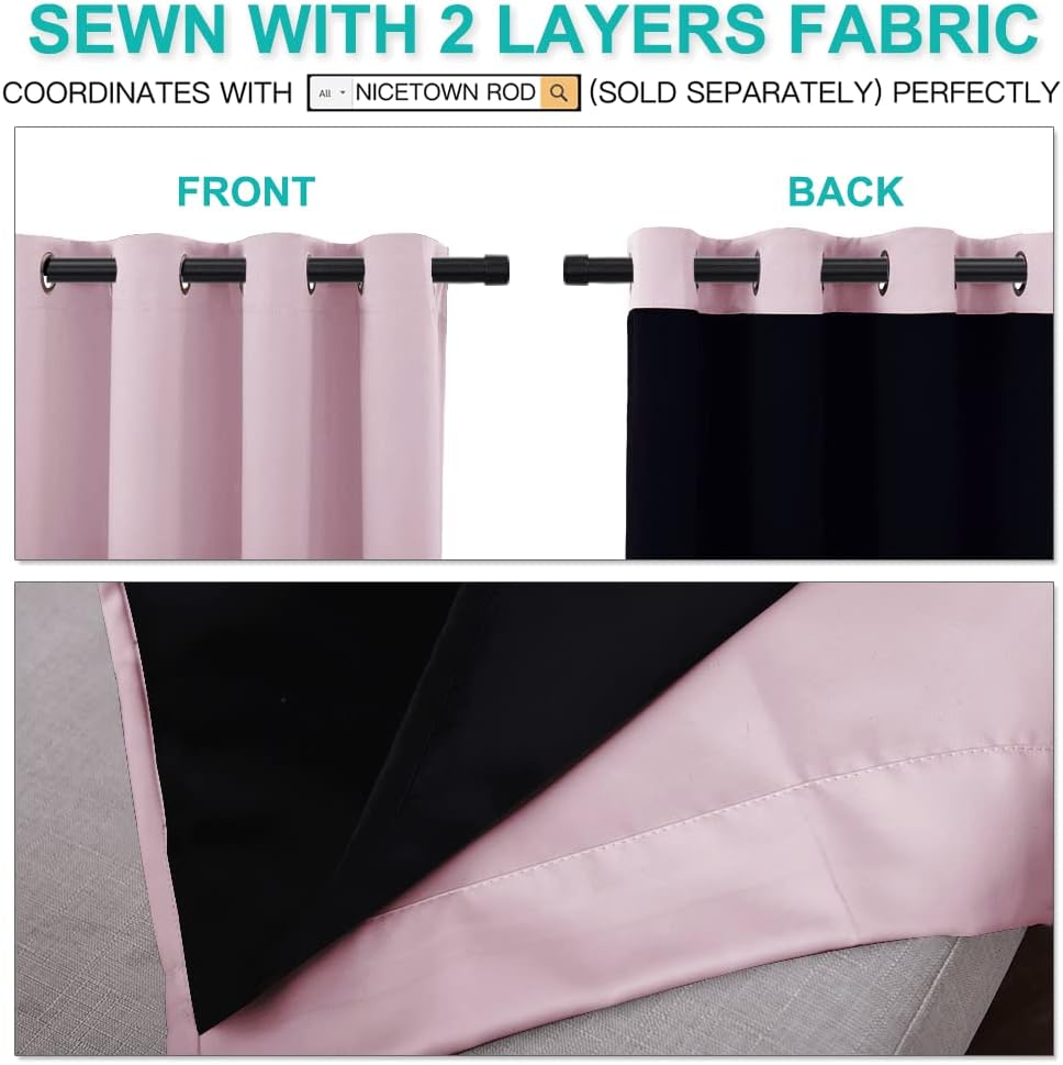 NICETOWN 100% Blackout Window Curtain Panels, Heat and Cold Blocking Drapes with Black Liner for Nursery, 108 inches Thermal Insulated Draperies (Lavender Pink, 2 Pieces, 70 inches Wide Each Panel)