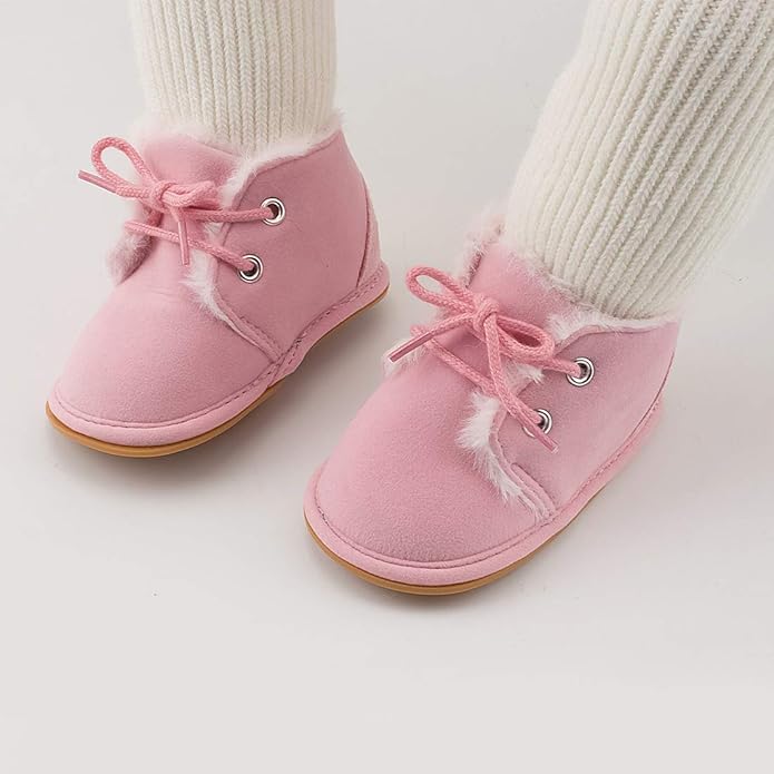 Baby Unisex Warm Snow Boots Newborn Leather Fur Lace Up Ankle Anti-Slip Rubber Texture Sole Toddler Prewalker Winter Crib Shoes