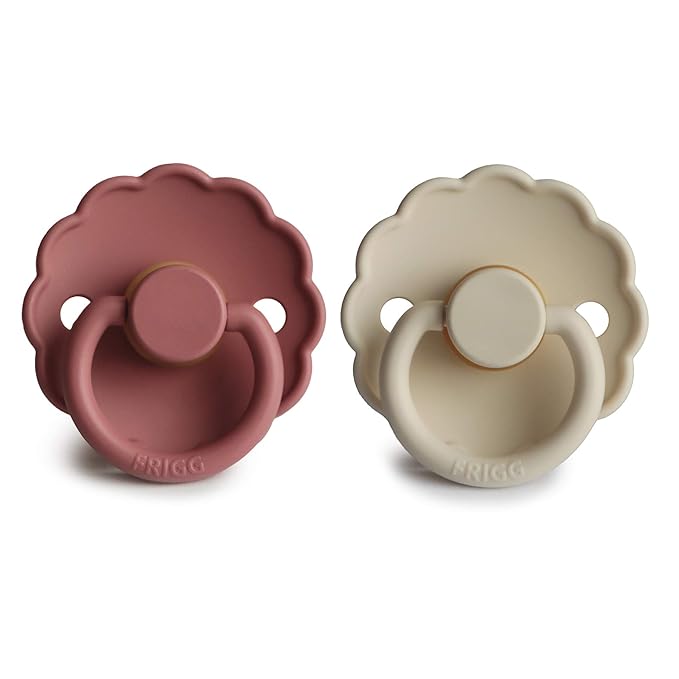 FRIGG Daisy Natural Rubber Baby Pacifier | Made in Denmark | BPA-Free (Powder Blush/Cream, 0-6 Months) 2-Pack