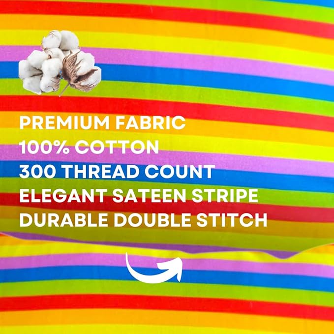 kinder Fluff Children Pillow (2Pk) 13x18in – Small Pillow for Kids Age 2+, Bright Rainbow Design, 100% Cotton Sateen Stripe 300T, Down Alternative Fill, Machine Washable, Colourful Kids Cushion - S