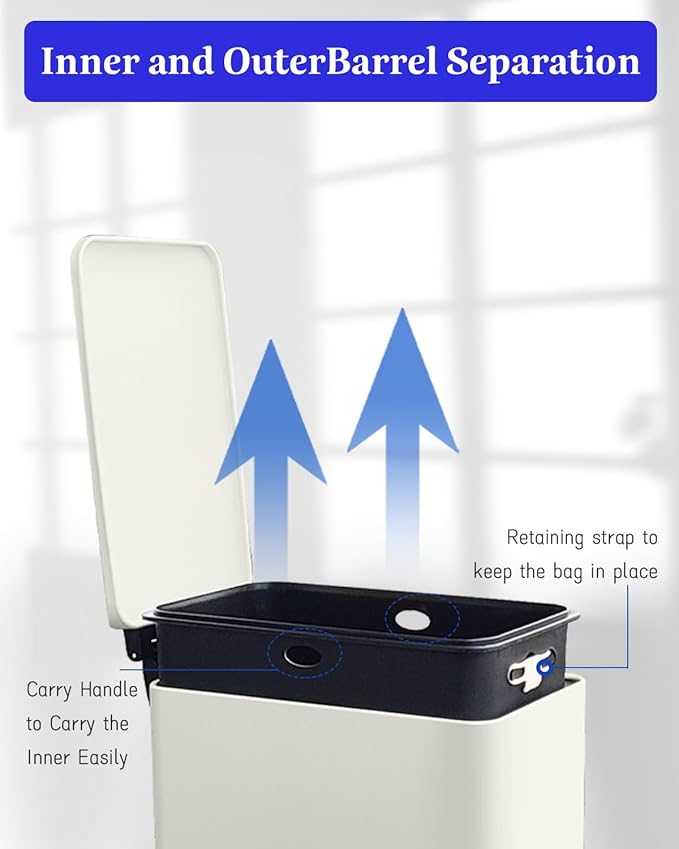 Kitchen Rubbish Bin, 30 L, Narrow Pedal Bin with Lid, Stainless Steel Kitchen Rubbish Bin with Inner Bucket, Rectangular Waste Bin for Kitchen, Bathroom, Bedroom, Office, White