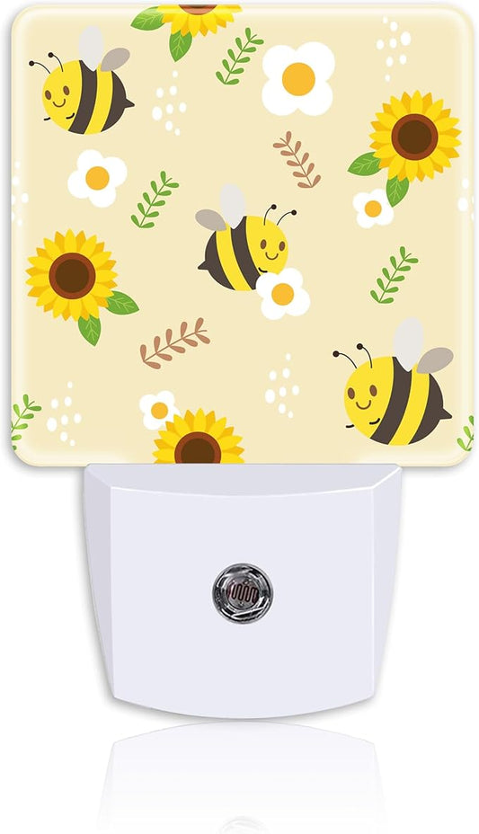Night Light,Cute Bee and Yellow Sunflower Plug-in Night Light Auto Dusk-to-Dawn Sensor Daisies and Leaves Energy Efficient LED Lamp for Room Decor,Hallway,Kitchen,Bathroom,Nursery,Stairs