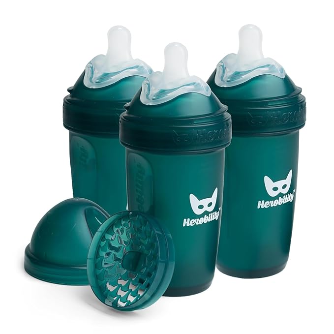 Herobility Double Anti-Colic Baby Bottles – 8.5 fl oz/240ml – 3-Pack – Dark Green