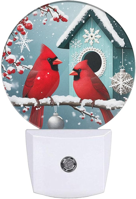 Bird Cardinal Night Light Snowy Tree Red Birds on Branch Winter Plug-in Nightlight Energy Saving 0.5W LED Lighting for Boys Girls Men Women