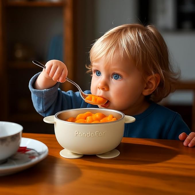 PandaEar 3 Pack Stainless Steel Suction Baby Bowls & 3 Baby Feeding Spoons | Non-Slip Stay Put Bowls & Soft Silicone First Stage Spoons for Toddlers, BPA-Free Baby Led Weaning Set (Linen Brown Grey)