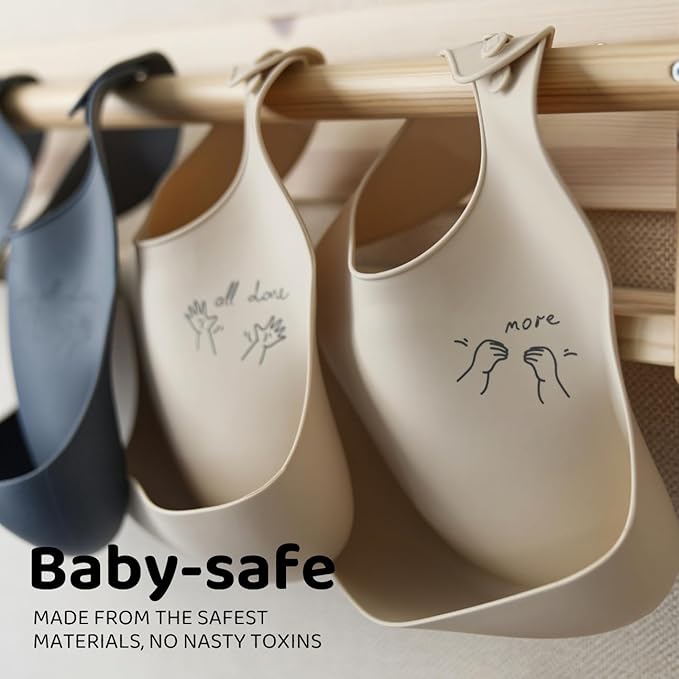 APLAINR Baby Sign Language Bib, Silicone Baby Bibs, ASL Graphics, Food Catcher, Adjustable, Waterproof, Soft, 6-36 Months