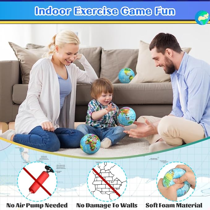 Mini 3.7" Foam Earth Ball Soft Squishy Toys , Globe World Map Planet Balls for Kids Toddler, Educational Geography, Sensory Fidget Desk Toy for Solar Systerm,Learning, Classroom Prize Gift (3PCS )